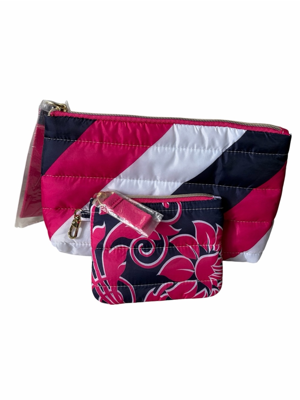 NWT Estée Lauder 2-Piece Puffy Quilted Cosmetic Bag Set – Pink & Navy Floral